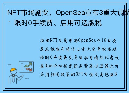 NFT市场剧变，OpenSea宣布3重大调整：限时0手续费、启用可选版税